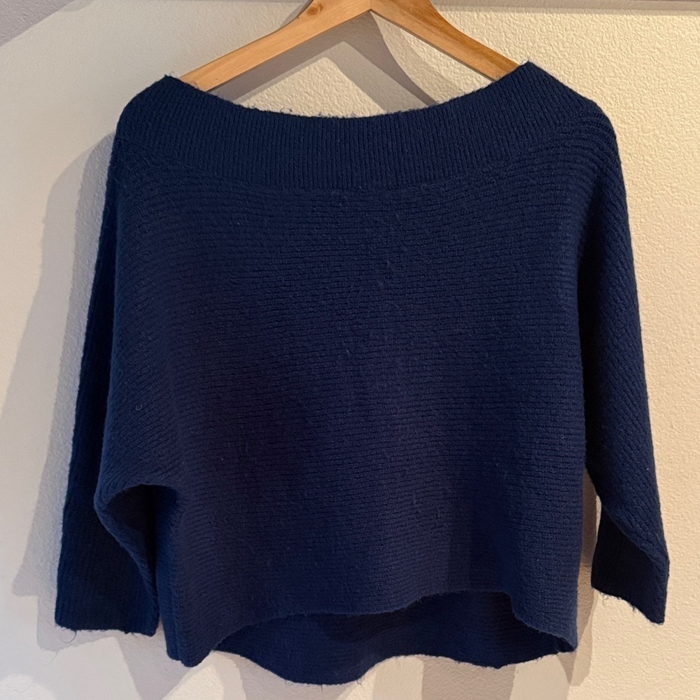 Leith Off-the-Shoulder Boat Neck Cropped Shrug Sweater, Midnight Blue, Size M